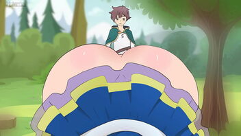 Kazuma’s wife Aqua wears a skirt that is too short and tempt him in this cartoon style porn.