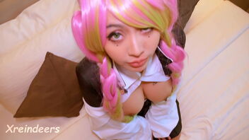 Mitsuri in cosplay, deepthroat and riding like an expert, but her anal is damaged