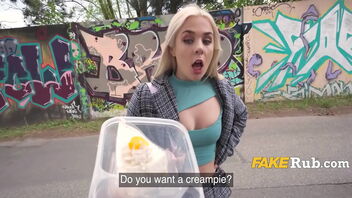 Public freaky blonde gets a hot creampie surprise