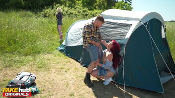 Redhead gets fucked in the booty by her friend’s fiancé in a missionary position on a camping trip.