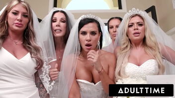 Big jugged brides are in control and give a rough treatment to the wedding planner with an incredible reverse gang bang.