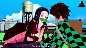 Beautiful anime babe Nezuko gets a big cock in her mouth and gets it hard as a rock.