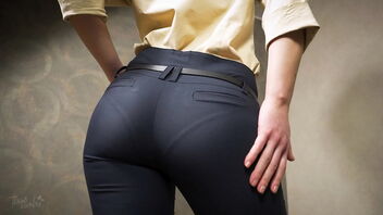 Japanese beauty in tight office pants shows off her great ass and panty line.