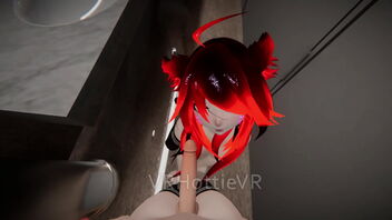 Redhead gets some public gusto in a restroom in a VRChat ERP adventure