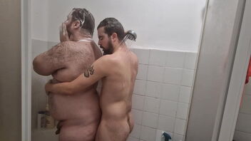 I am an amateur queer and I give a oral job to a hairy, fat man in the shower.